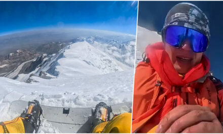 Polski snowboardzista na Piku Lenina. Zjazd z 7134 metrów