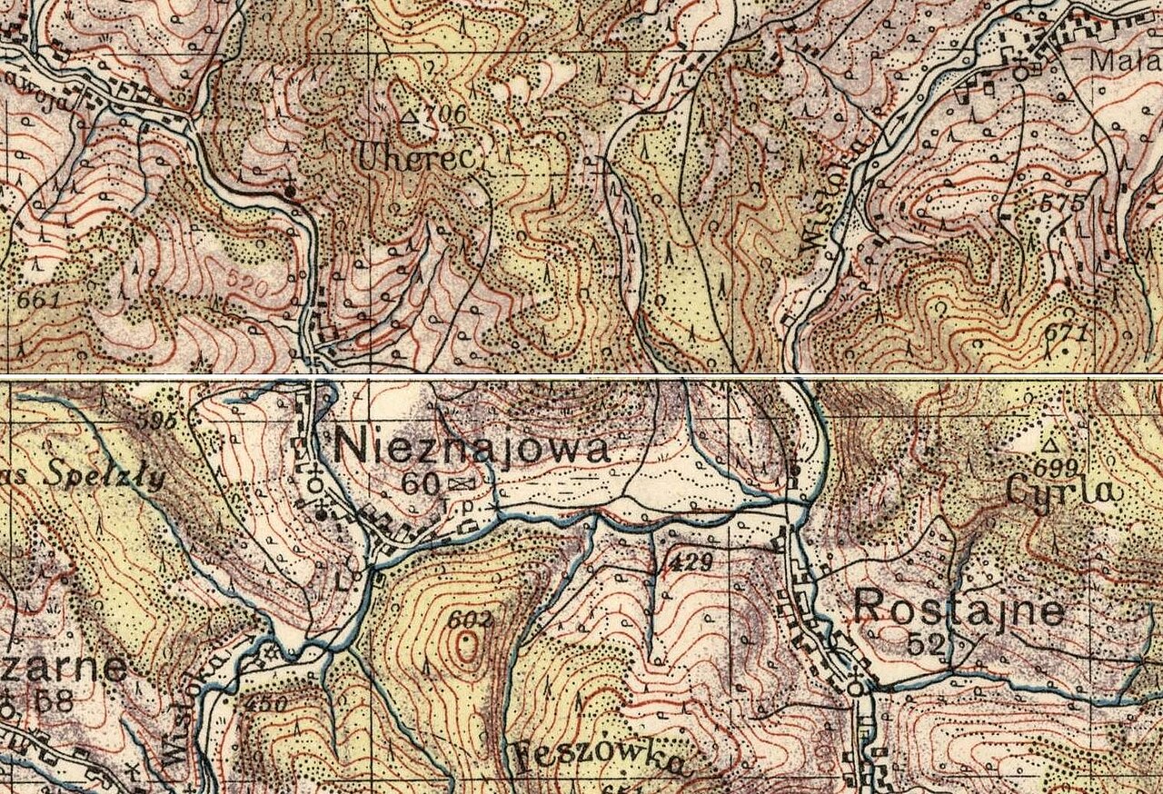 Nieznajowa w Beskidzie Niskim na mapie Wojskowego Instytutu Geograficznego z 1938 roku